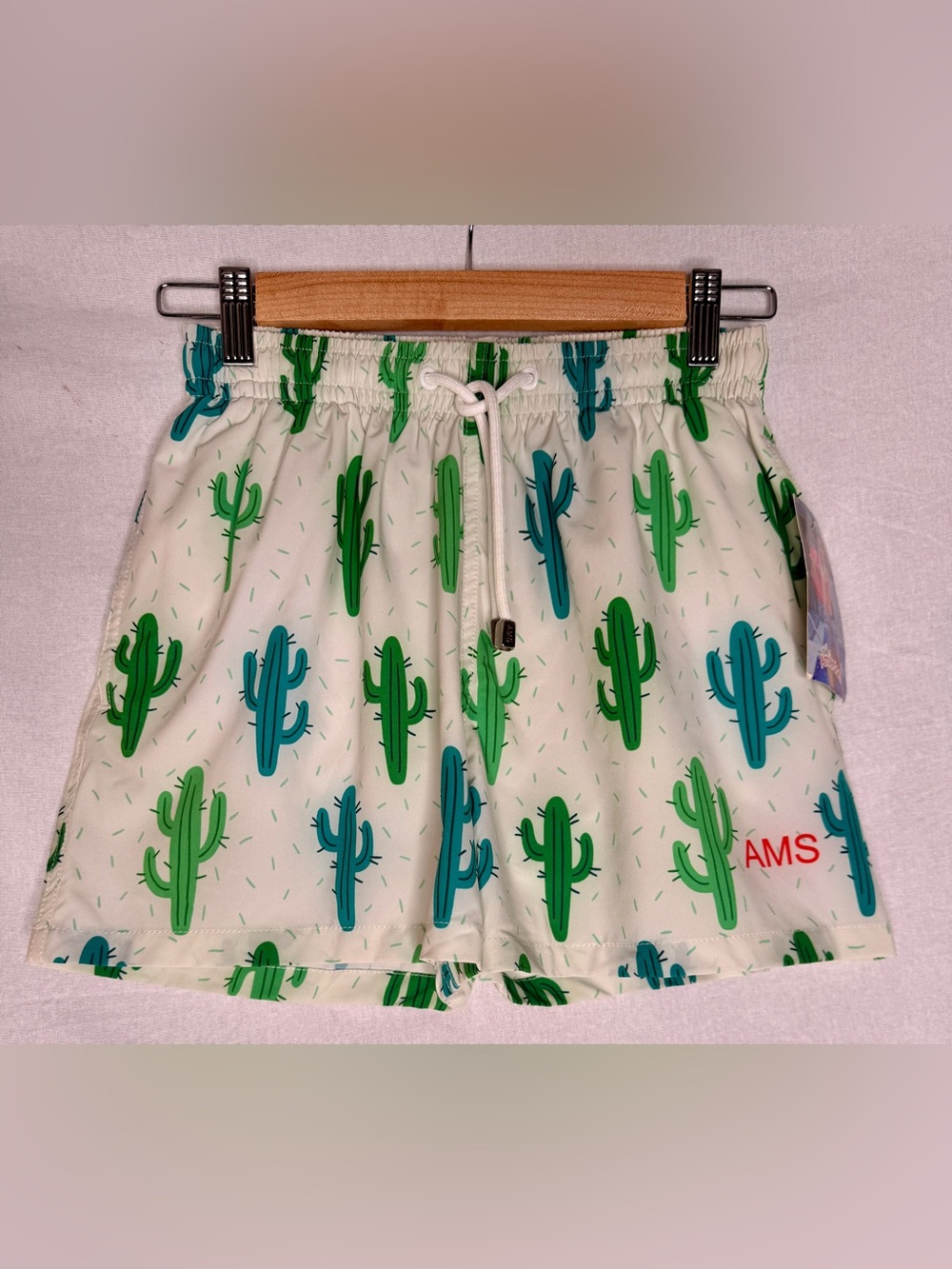 White Cactus Print Swim Trunks with Green/Teal Accent by Amsterdam NWT
